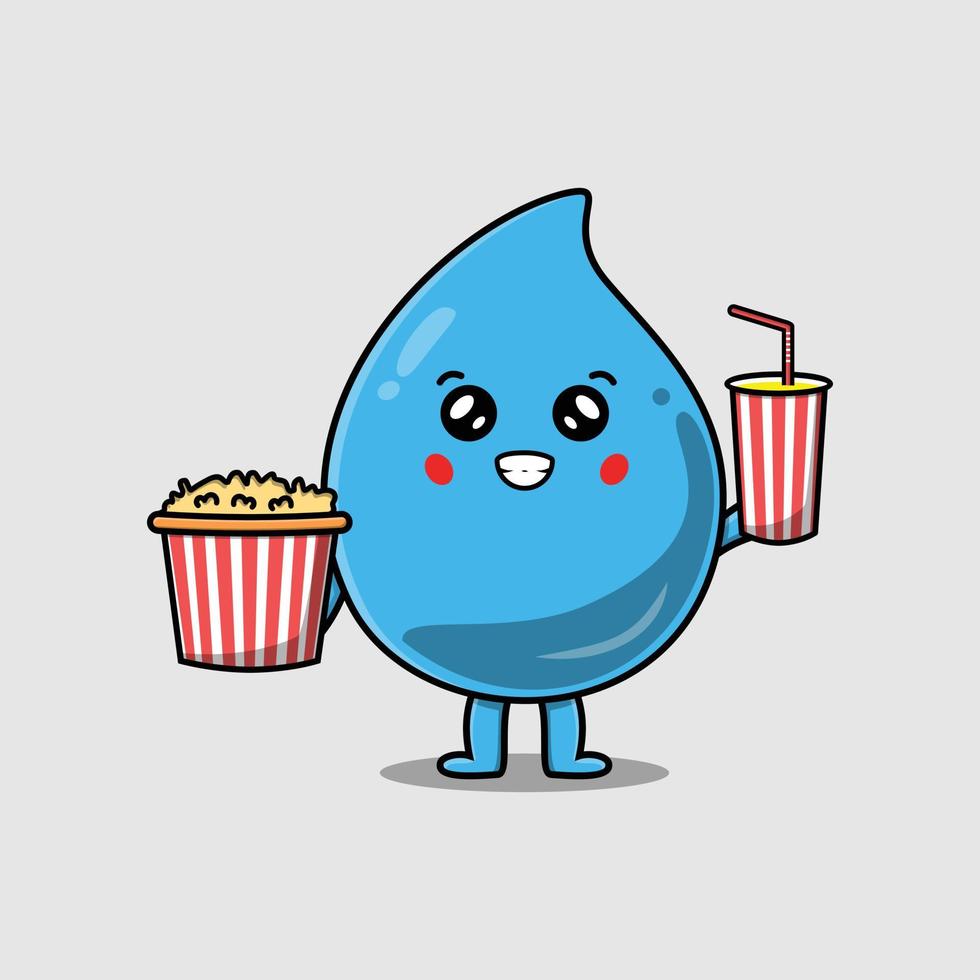 schattige cartoon waterdruppel met popcorn en drinken vector