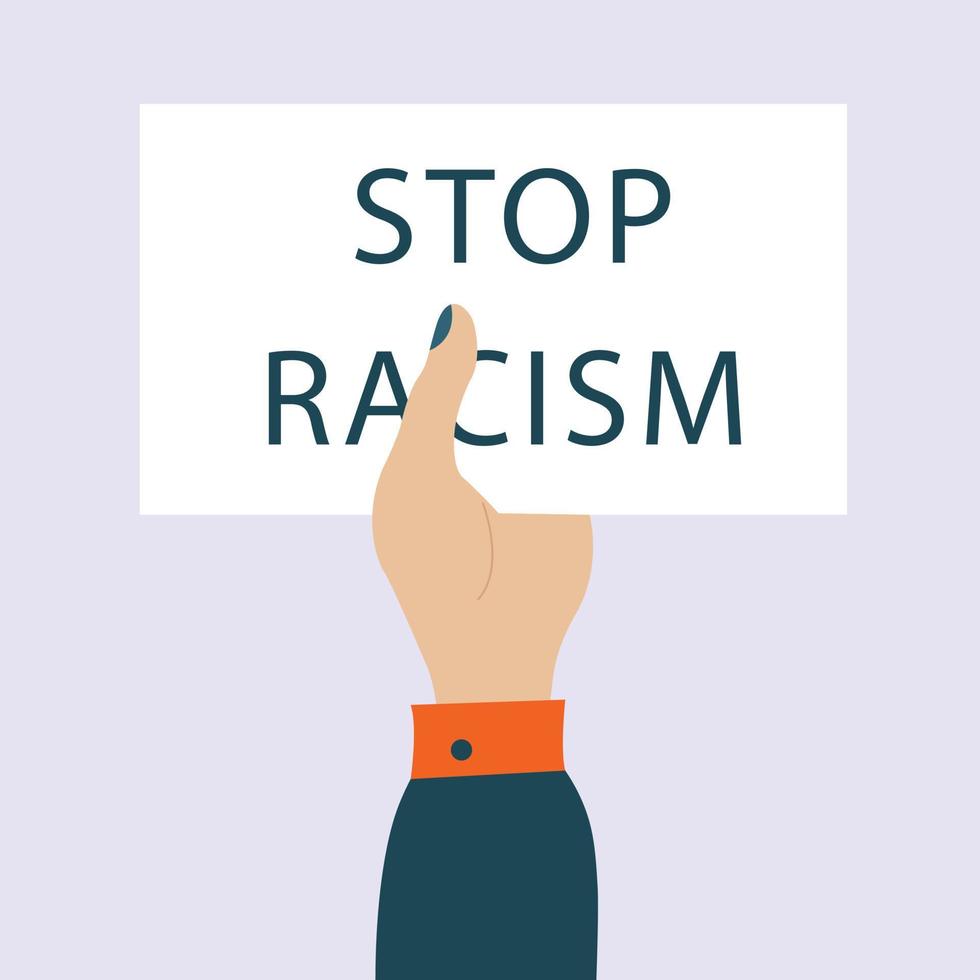 stop racisme briefkaart woorden in cartoon hand, protest concept. anti-racisme demonstratie, diverse mensen samen. vector
