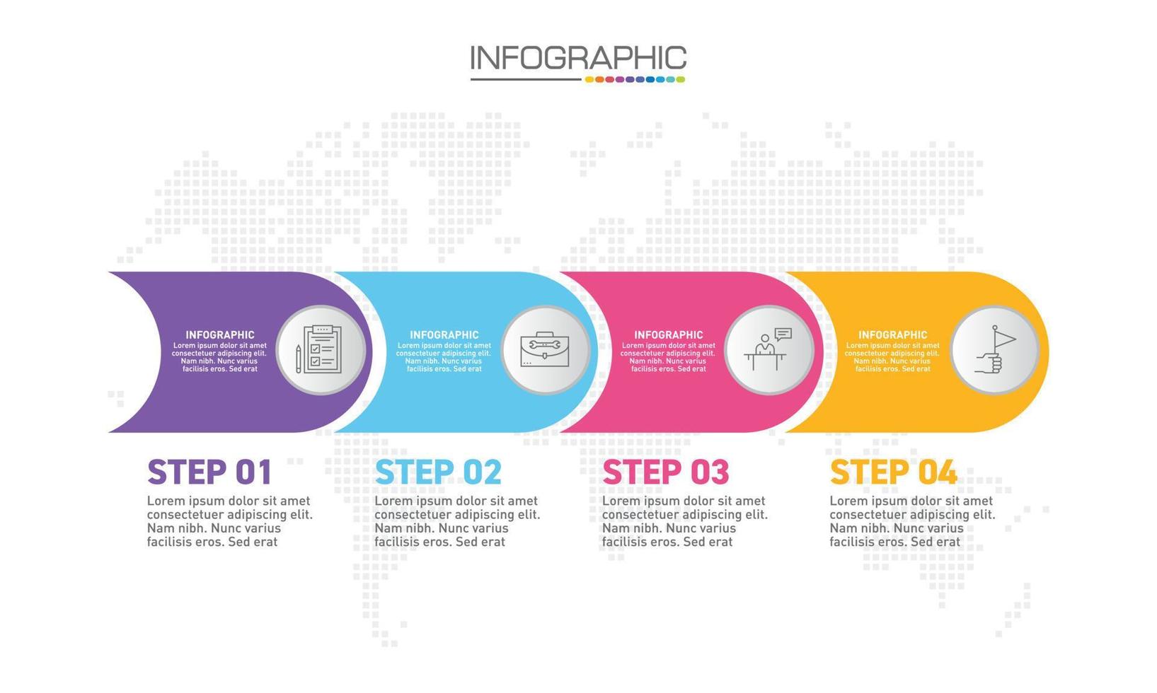 infographics-ontwerp 4 stappen met marketingpictogrammen kunnen worden gebruikt voor workflowlay-out, diagram, jaarverslag, webdesign. vector