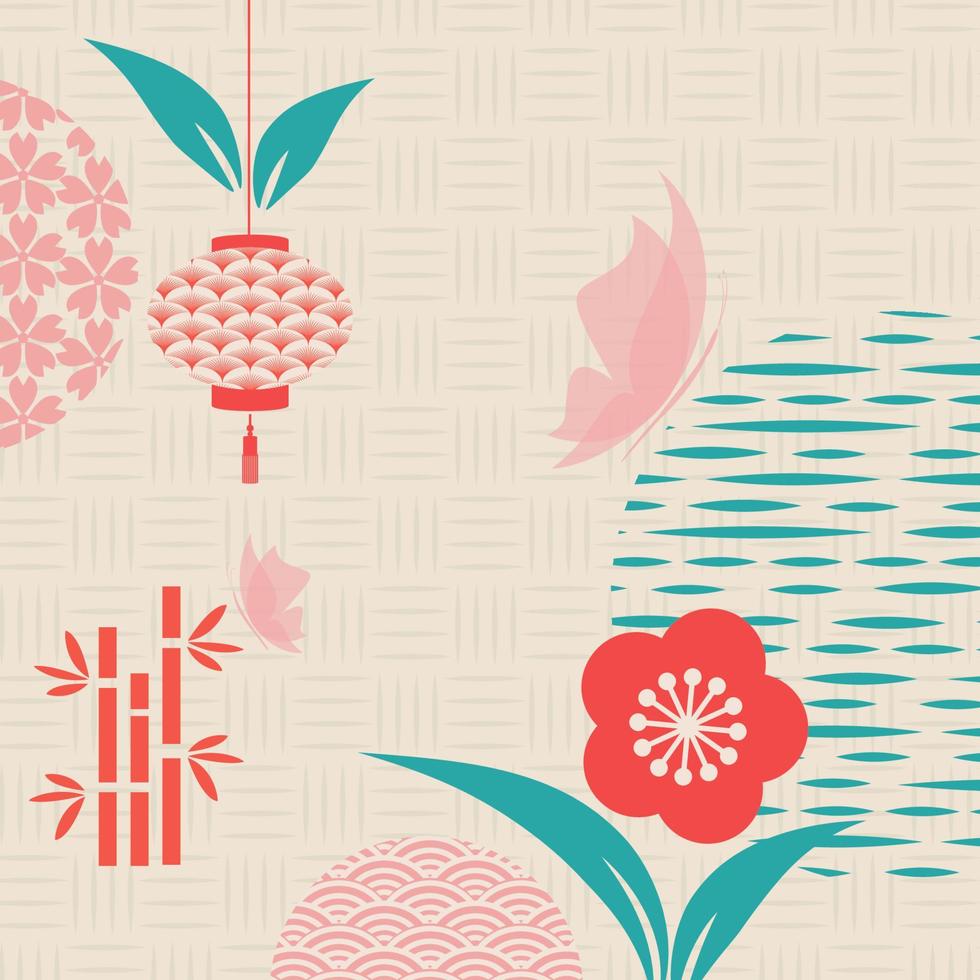 bloemen frame. japans patroon. bloemenviering in Chinese grafische stijl. uitnodigingskaart met geometrische symbolen. Aziatische achtergrond. retro stijl. vector