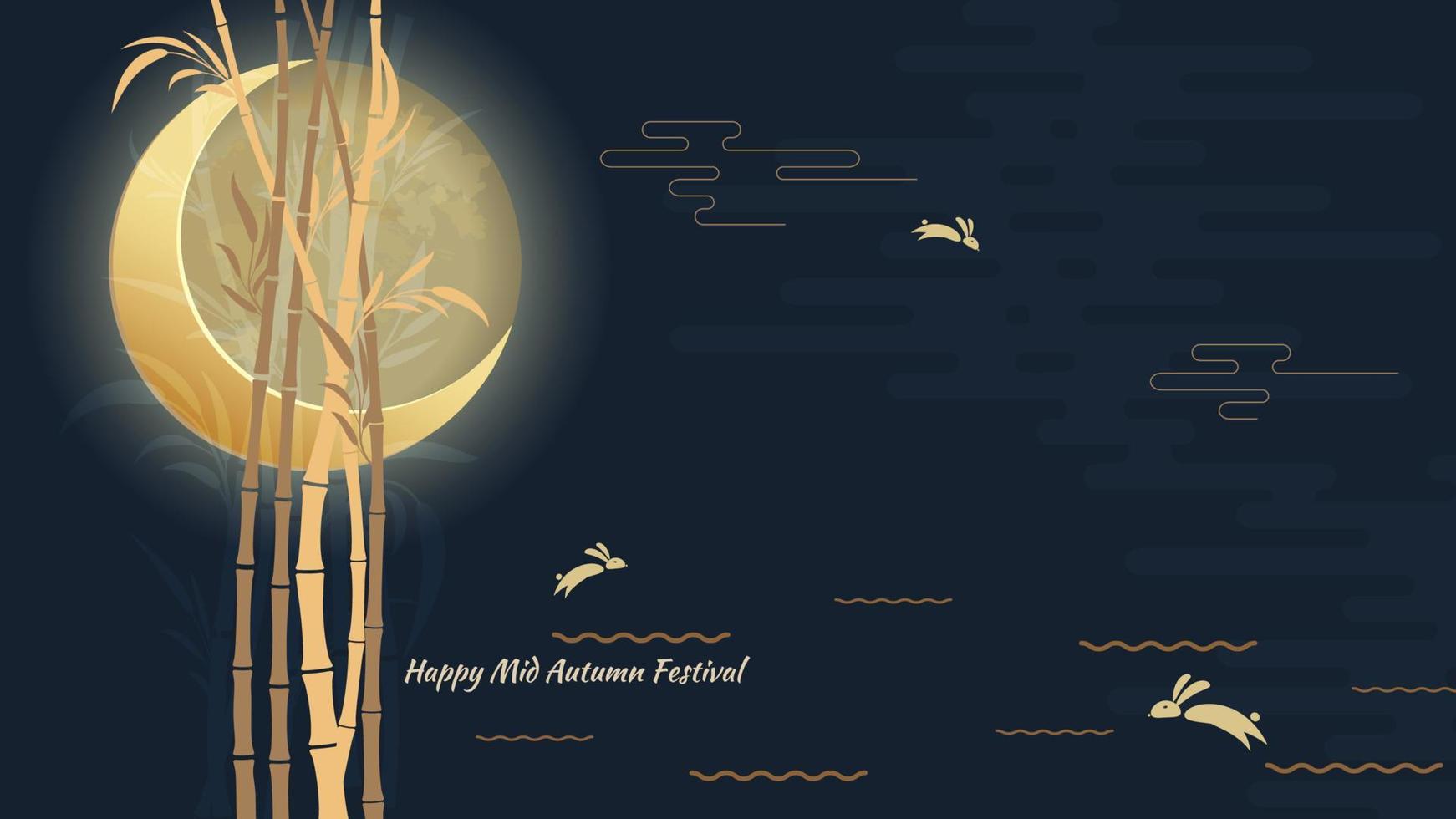 medio herfst festival. springende hazen. chuseok. gestileerde bamboe, rivier en volle maan, vectorbanner, achtergrond en poster vector
