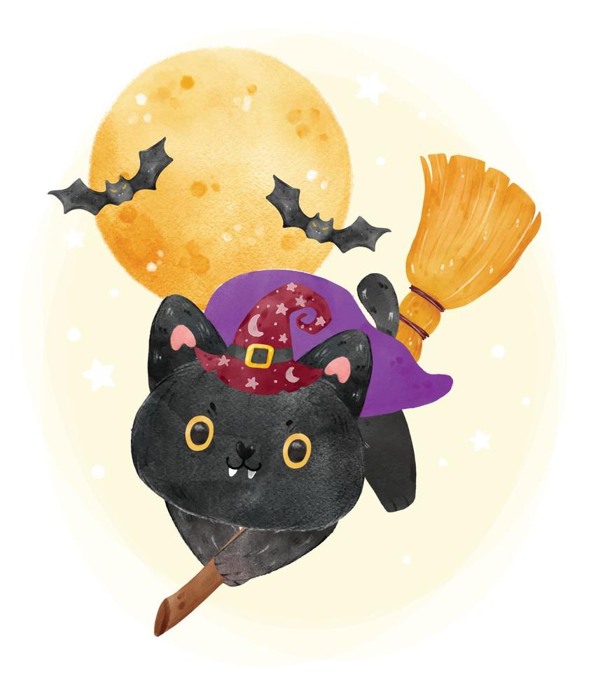 leuke grappige halloween zwarte kat heks op vliegende bezem met volle maan en vleermuizen aquarel illustratie vector