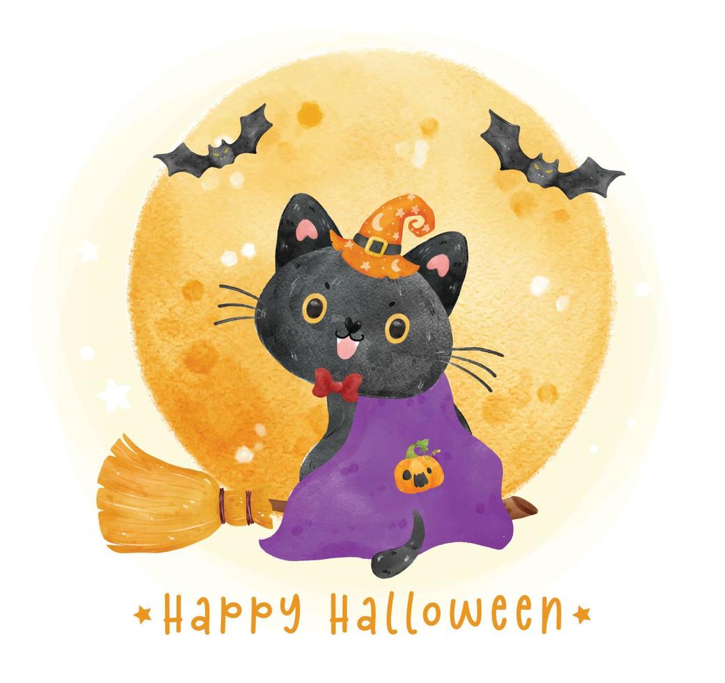 schattige glimlach halloween zwarte kat draagt heksenhoed op vliegende bezem met volle maan en vleermuizen aquarel illustratie vector