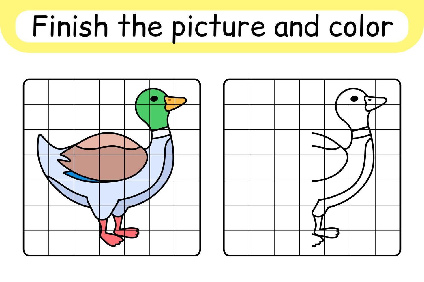 maak het plaatje eend compleet. kopieer de afbeelding en kleur. maak het beeld af. kleurboek. educatief tekenoefenspel voor kinderen vector