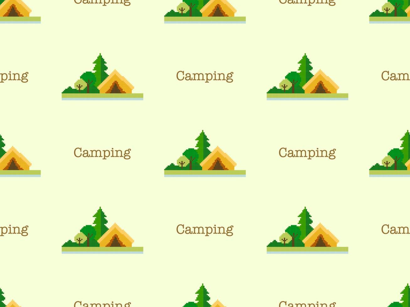 camping cartoon karakter naadloze patroon op gele achtergrond. pixelstijl vector