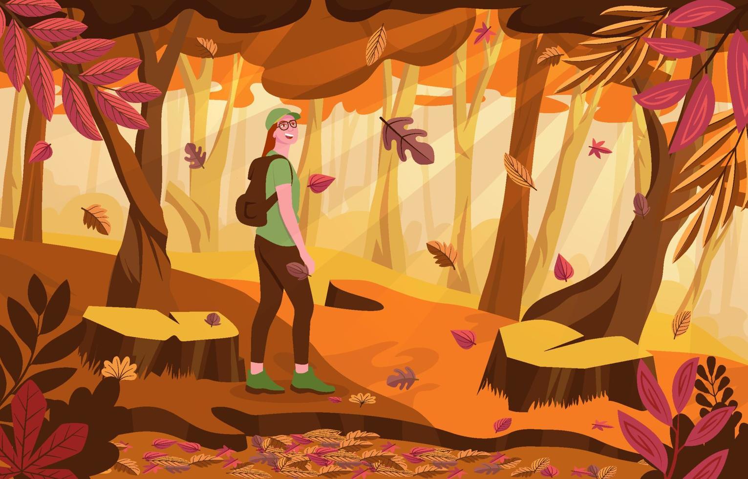 een gelukkig meisje wandelt en kijkt naar vallende bladeren in de herfst vector