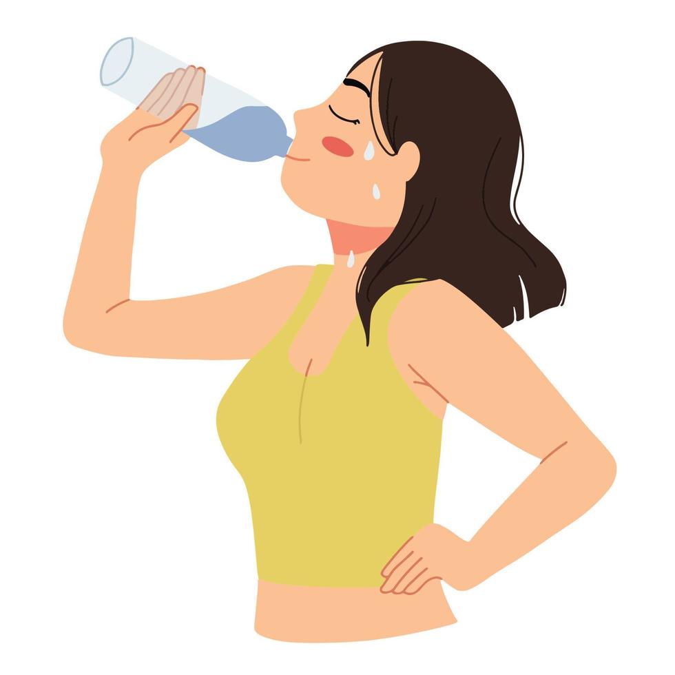een portret van een sportieve vrouw die water drinkt en een zweterige illustratie vector