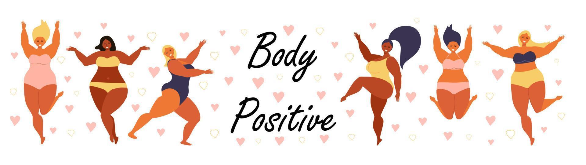 lichaam positief concept vector. gelukkig plus size meisje zwembroek dragen en glimlachen. actieve gezonde levensstijl en hou van je lichaamsillustratie. verschillende rassen en huidskleur vrouwen vector