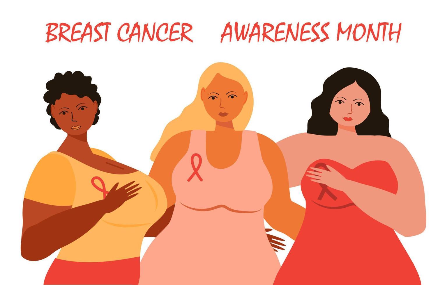 borstkanker bewustzijn maand concept vector. meisjes van verschillende rassen ondersteunen elkaar. roze linten om de jurken worden getoond. vector