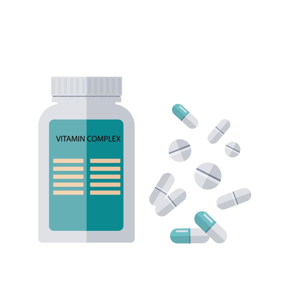 vitaminecomplex, plastic fles en pillen, capsules geïsoleerd op een witte achtergrond. voorzorgsmaatregelen in de strijd tegen het coronavirus. vector illustratie