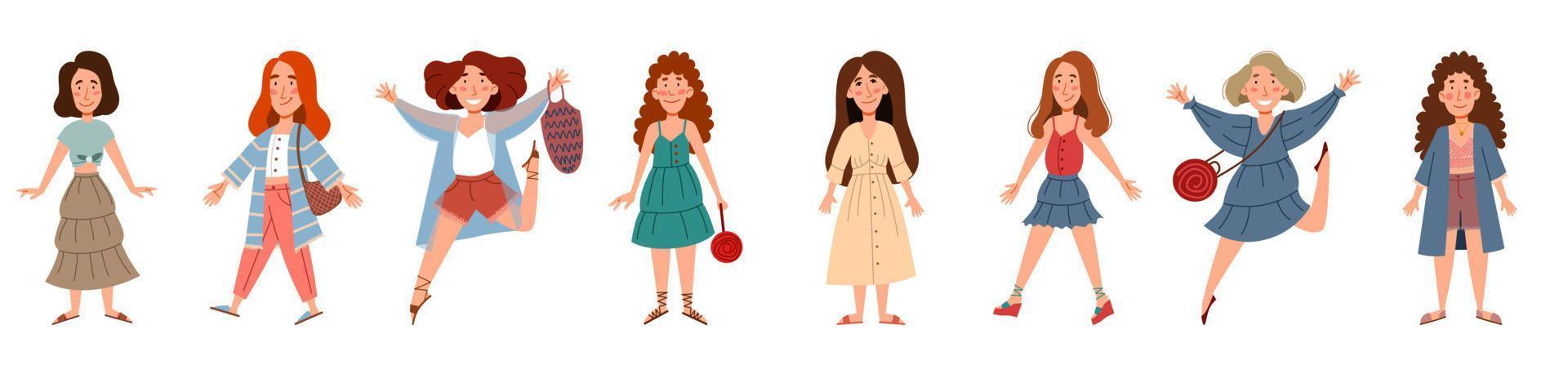 een set stijlvolle meisjes in zomerkleding. boho-stijl. vector