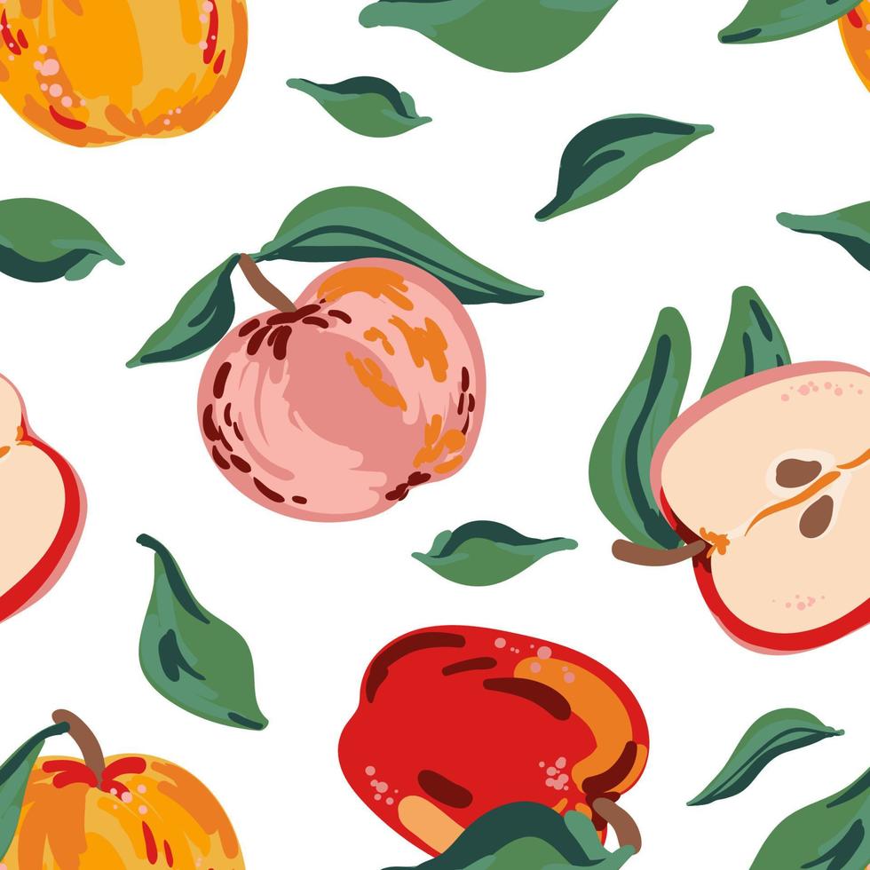 appels en bladeren vector naadloze patroon. rood, geel, roze sappig fruit zomertextuur voor papier, omslag, stof, cadeaupapier, kunst aan de muur, interieurdecoratie.