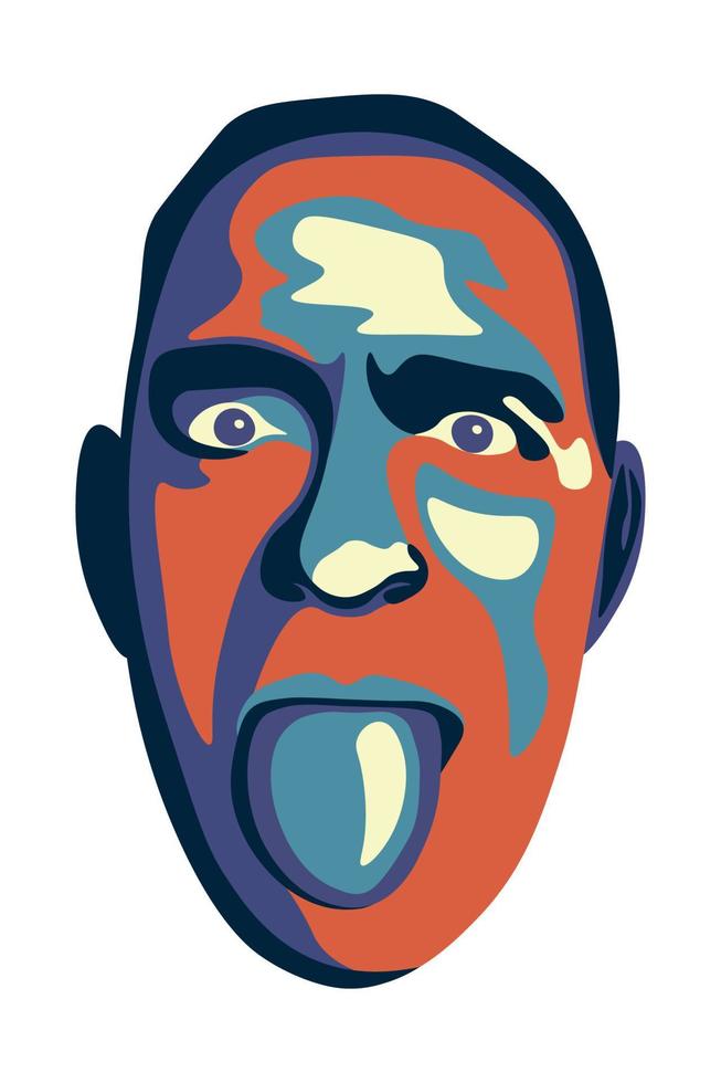 portret van een man die zijn tong laat zien, het portret is gemaakt met kleurvlekken, platte vector, geïsoleerd op wit, grimas op zijn gezicht vector