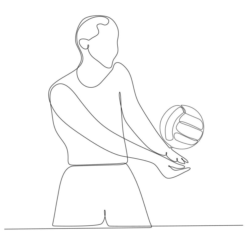 doorlopende lijntekening van mannelijke professionele volleyballer geïsoleerd met bal. atleet, sport, actie, oefening, gezonde levensstijl, training, fitness concept. vector