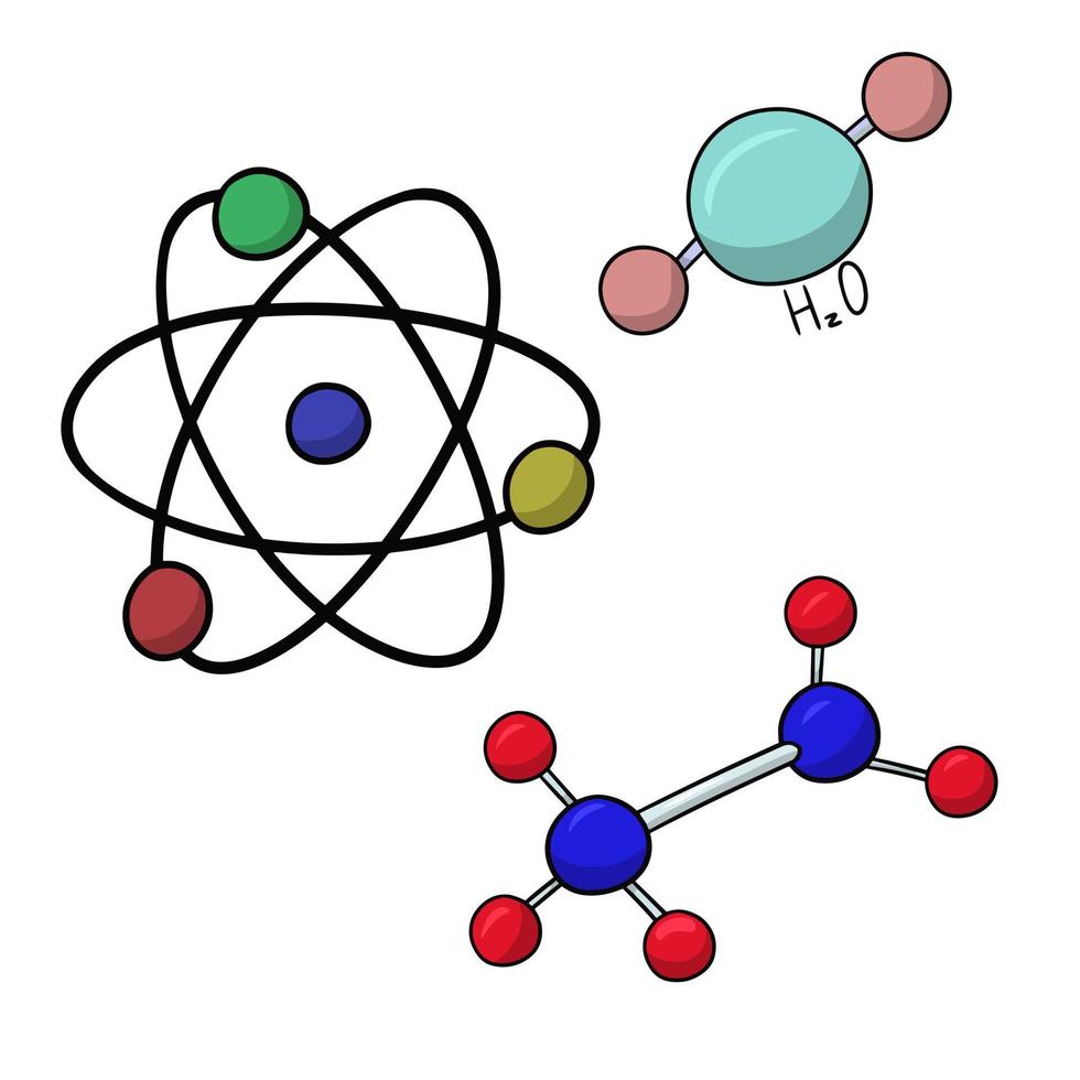 een reeks eenvoudige diagrammen van moleculen en atomen, vectorillustratie in cartoonstijl op een witte achtergrond vector