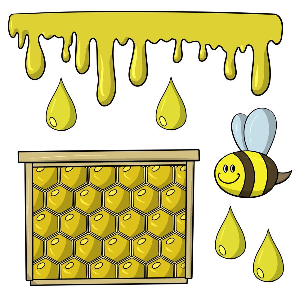 een reeks foto's, honingverzameling, druipende honing, vectorillustratie in cartoonstijl op een witte achtergrond vector