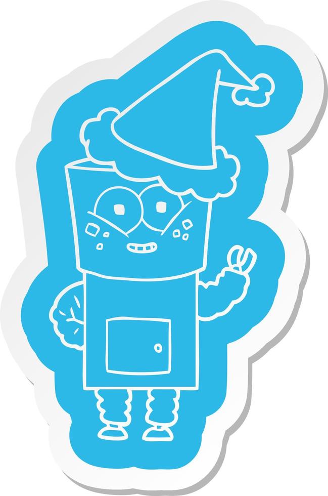 happy cartoon sticker van een robot die hallo zwaait met een kerstmuts vector