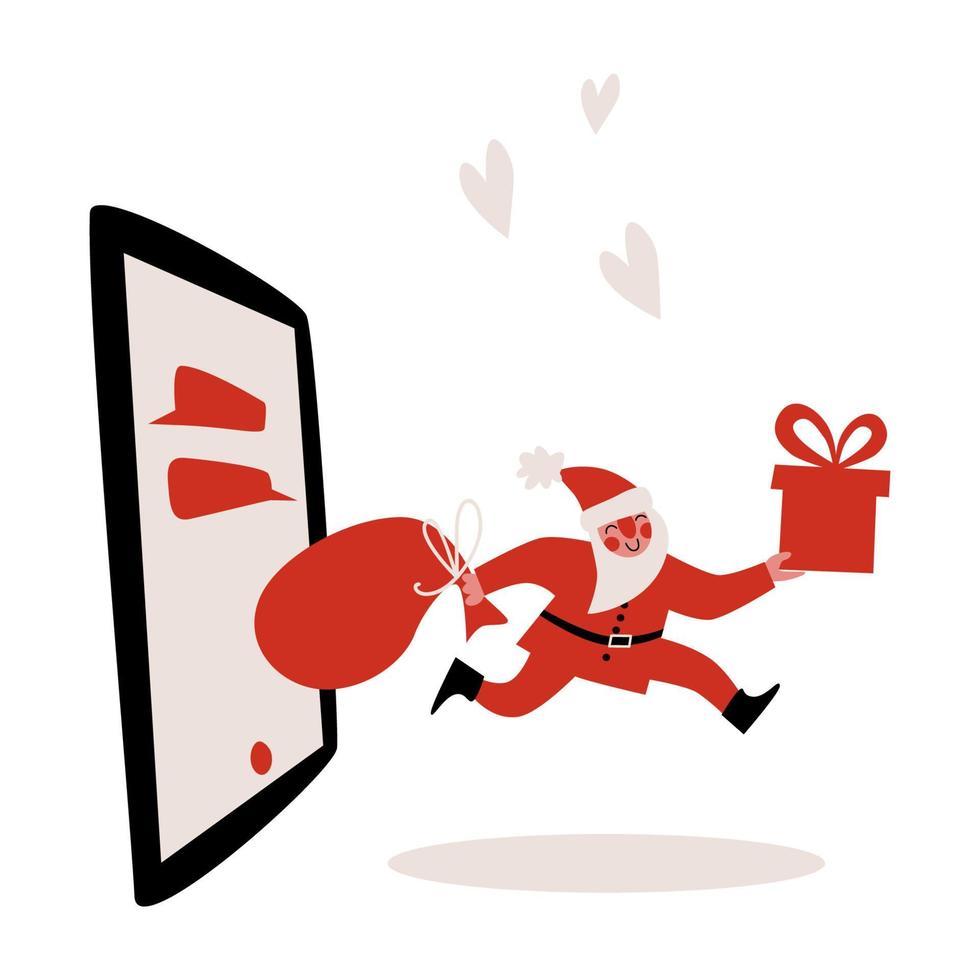 de kerstman komt uit de smartphone met geschenken. vector