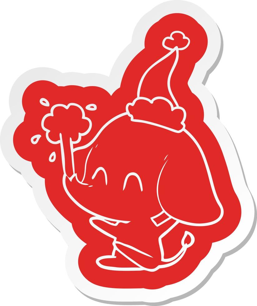 leuke cartoonsticker van een olifant die water spuwt met een kerstmuts op vector