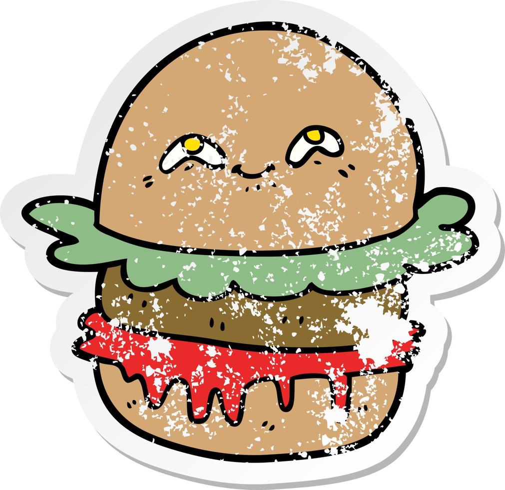 verontruste sticker van een cartoon fastfoodburger vector
