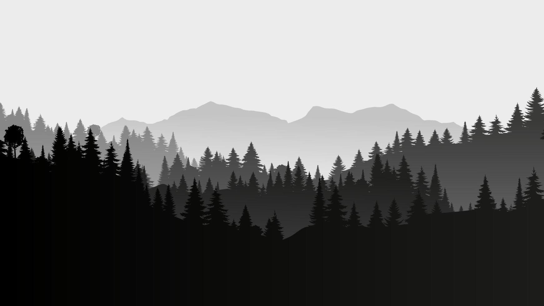 silhouet landschap met mist, bos, pijnbomen, bergen. illustratie van de weergave van het nationaal park, mist. zwart en wit. goed voor behang, achtergrond, spandoek, omslag, poster. vector