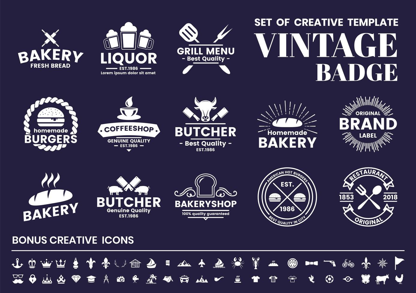vintage wit op blauwe slager, bakker, café logo's set vector