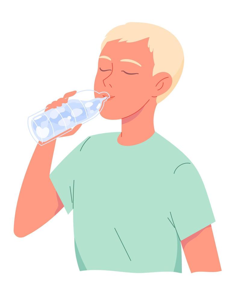 schattige kleine jongen drinkwater uit fles vector