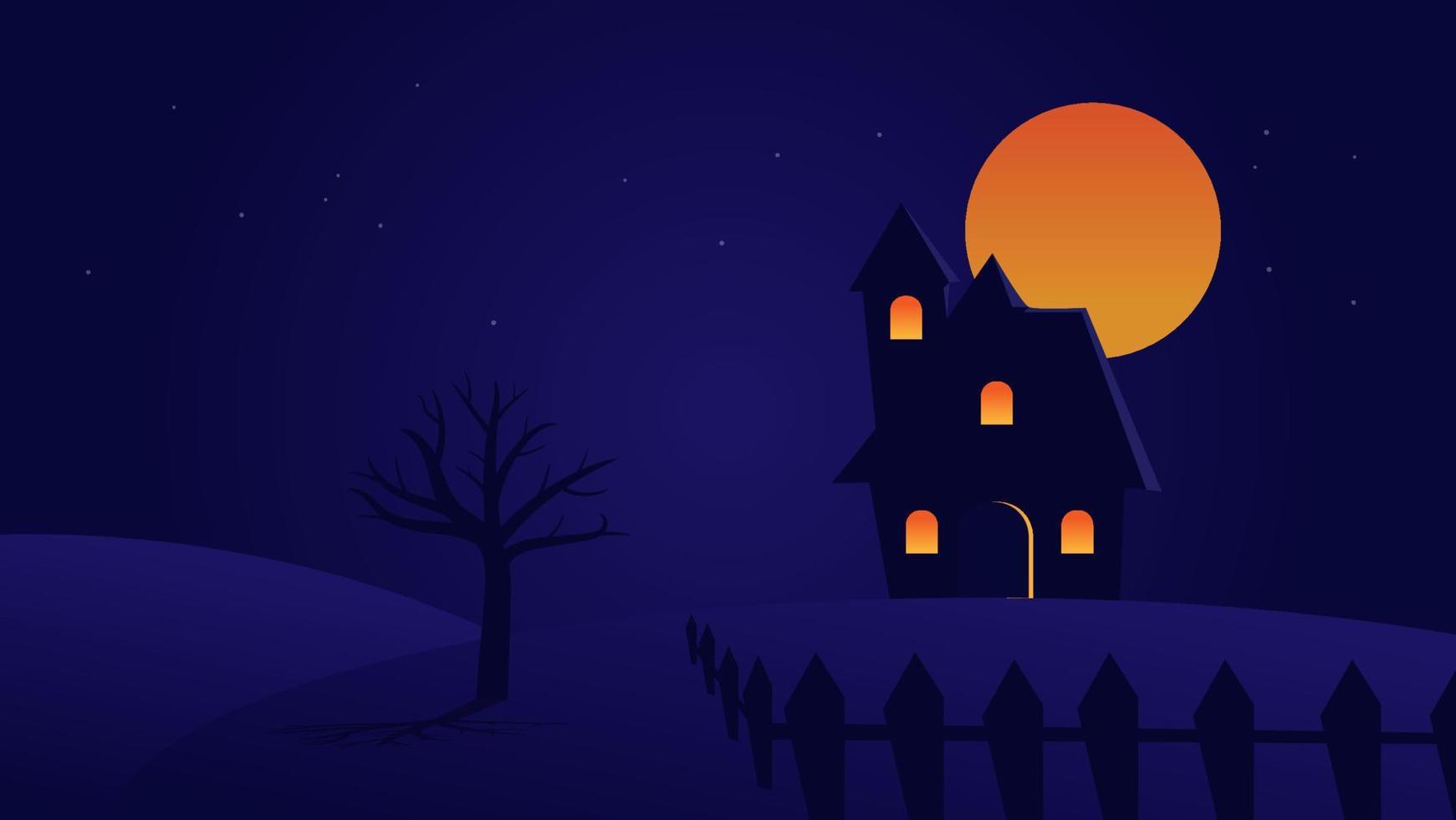 spookkasteel cartoon met volle maan in de nachtelijke hemel vector