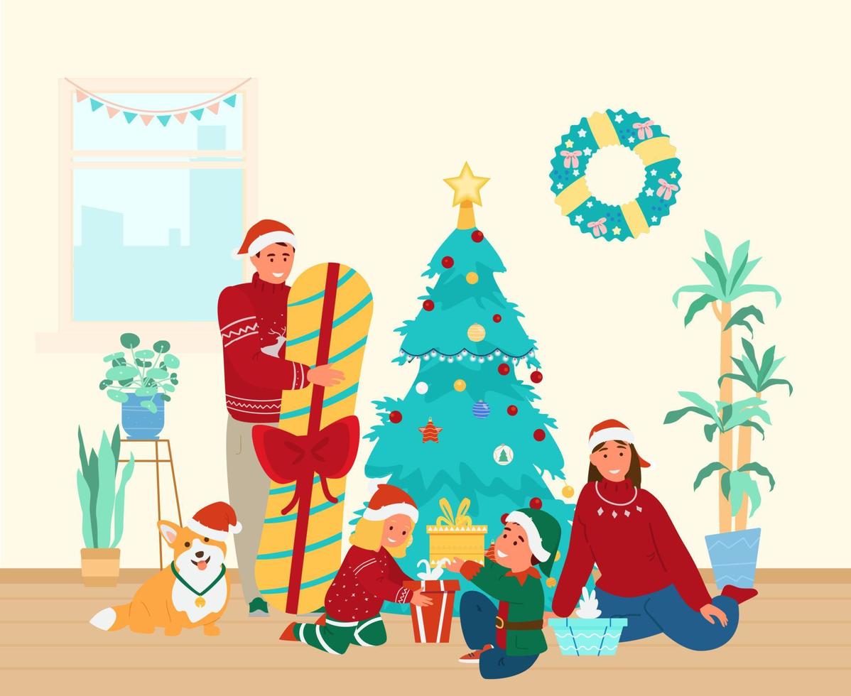 gezin met kinderen en hond die kerstcadeaus openen in de buurt van de kerstboom thuis. platte vectorillustratie. vector
