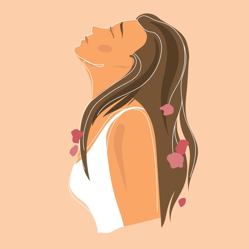 portret van een jonge vrouw met een opgeheven hoofd en bloemen in haar haar op een beige achtergrond vector illustration.woman rechten poster.protest, feminisme concept.my lichaam is mijn keuze