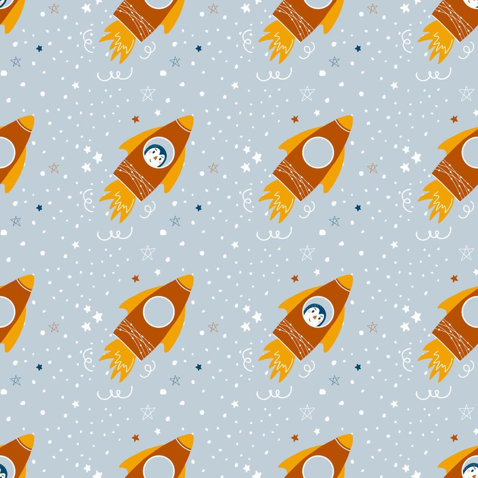 schattig naadloos patroon met raketten en sterren. vector baby kosmische achtergrond in eenvoudige hand getrokken Scandinavische stijl. goed voor interieurdecoratie, babykleding, babyshowerdecoratie.