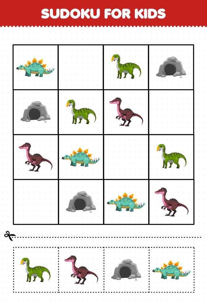 onderwijs spel voor kinderen sudoku voor kinderen met leuke cartoon prehistorische dinosaurus stegosaurus gryposaurus grot troodon foto vector