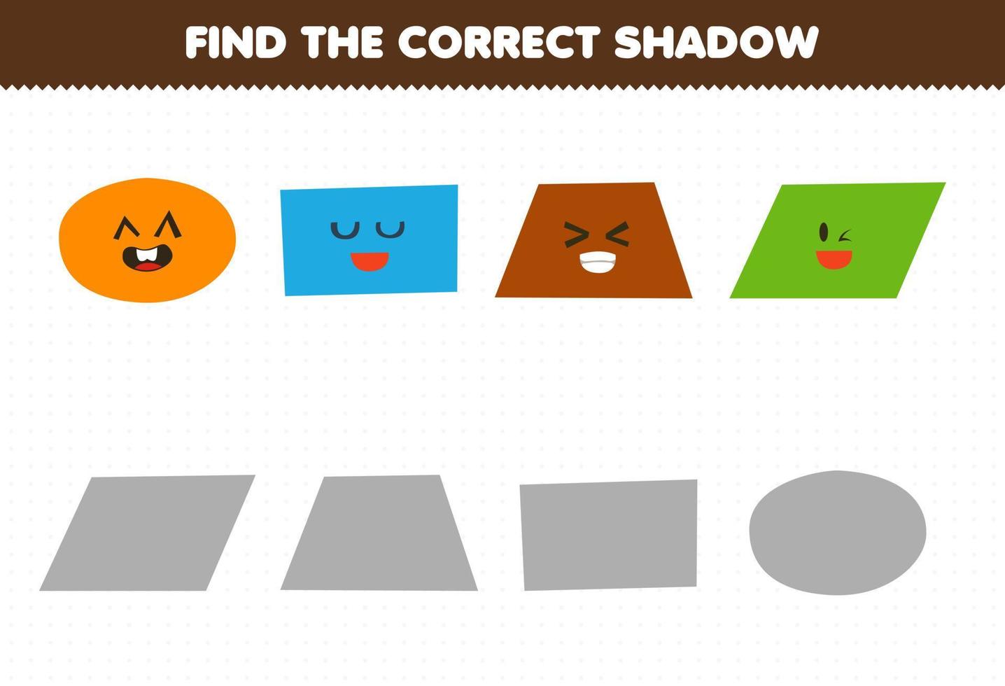 onderwijs spel voor kinderen vind de juiste schaduw set van leuke cartoon geometrische vorm ovale rechthoek trapeziumvormige parallellogram vector