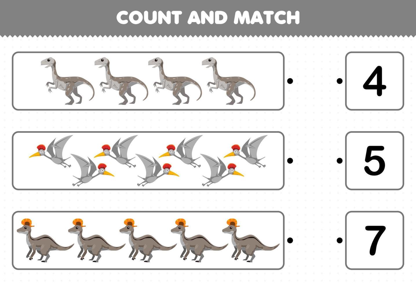 educatief spel voor kinderen tellen en matchen tel het aantal cartoon prehistorische grijze dinosaurussen en match met de juiste nummers afdrukbaar werkblad vector