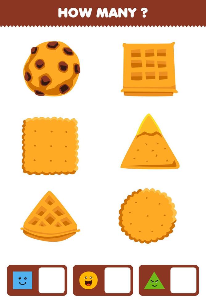 educatief spel voor kinderen die zoeken en tellen hoeveel objecten zoals geometrische vorm vierkant cirkel driehoek cartoon voedsel koekje koekje wafel vector