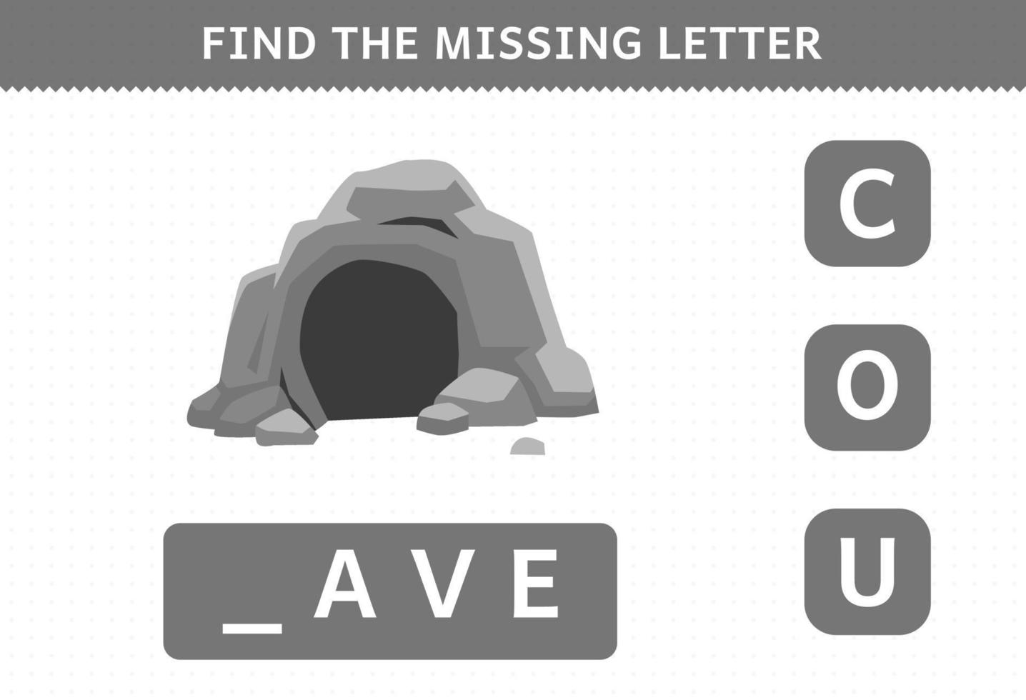 educatief spel voor kinderen zoek ontbrekende letter cartoon prehistorische grot werkblad vector