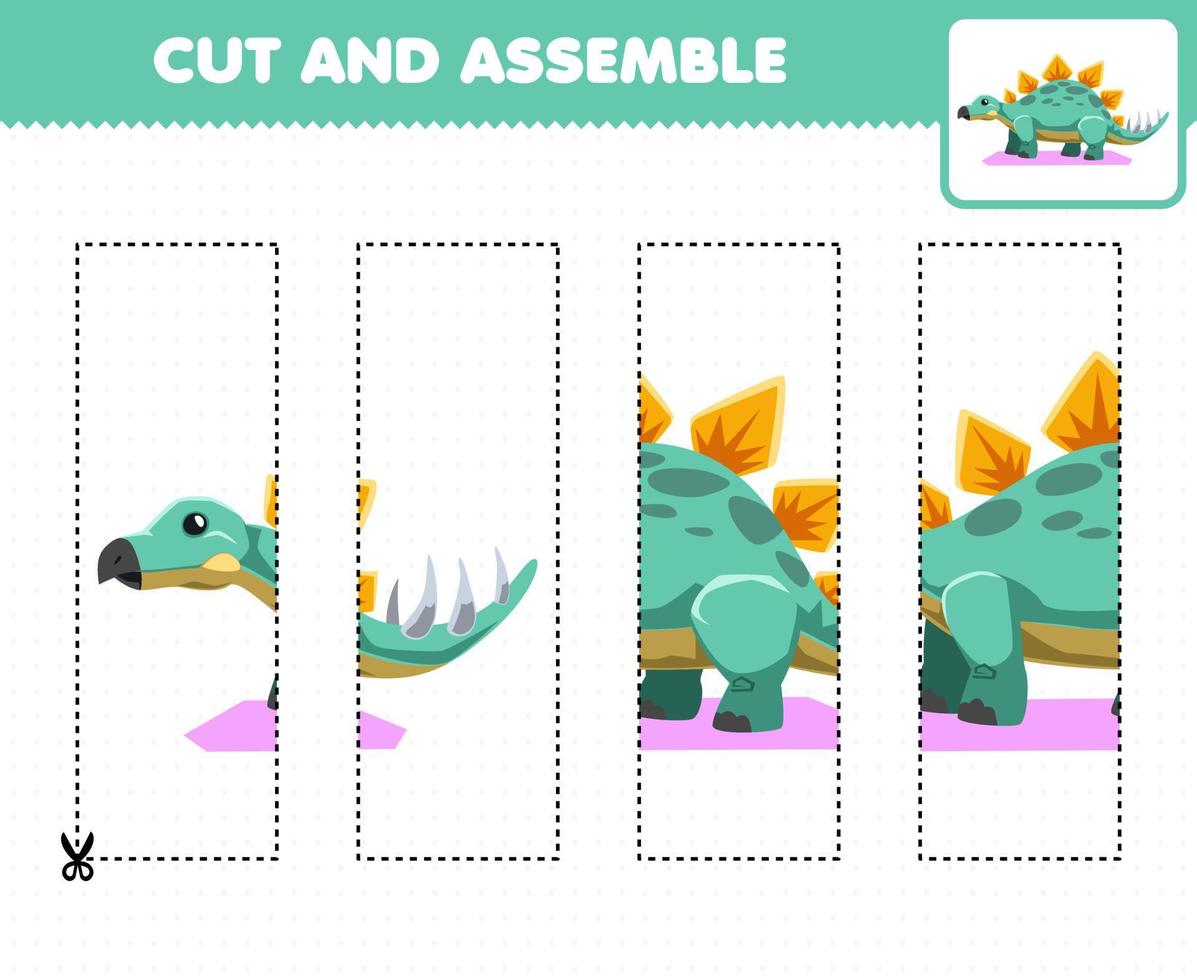 educatief spel voor kinderen snijden oefenen en puzzel samenstellen met cartoon prehistorische dinosaurus stegosaurus vector