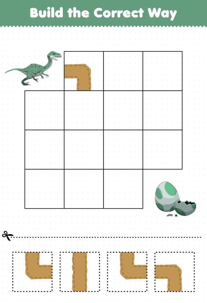 educatief spel voor kinderen bouw op de juiste manier help schattige prehistorische dinosaurus velociraptor om naar ei te gaan vector