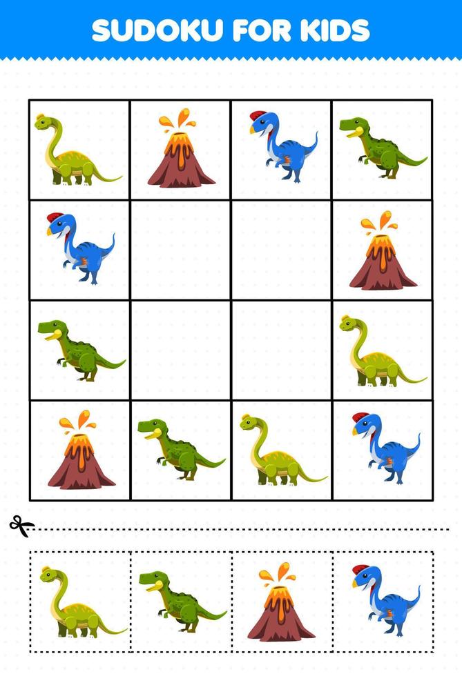 onderwijs spel voor kinderen sudoku voor kinderen met leuke cartoon prehistorische dinosaurus ultrasaurus vulkaan oviraptor yangchuanosaurus foto vector