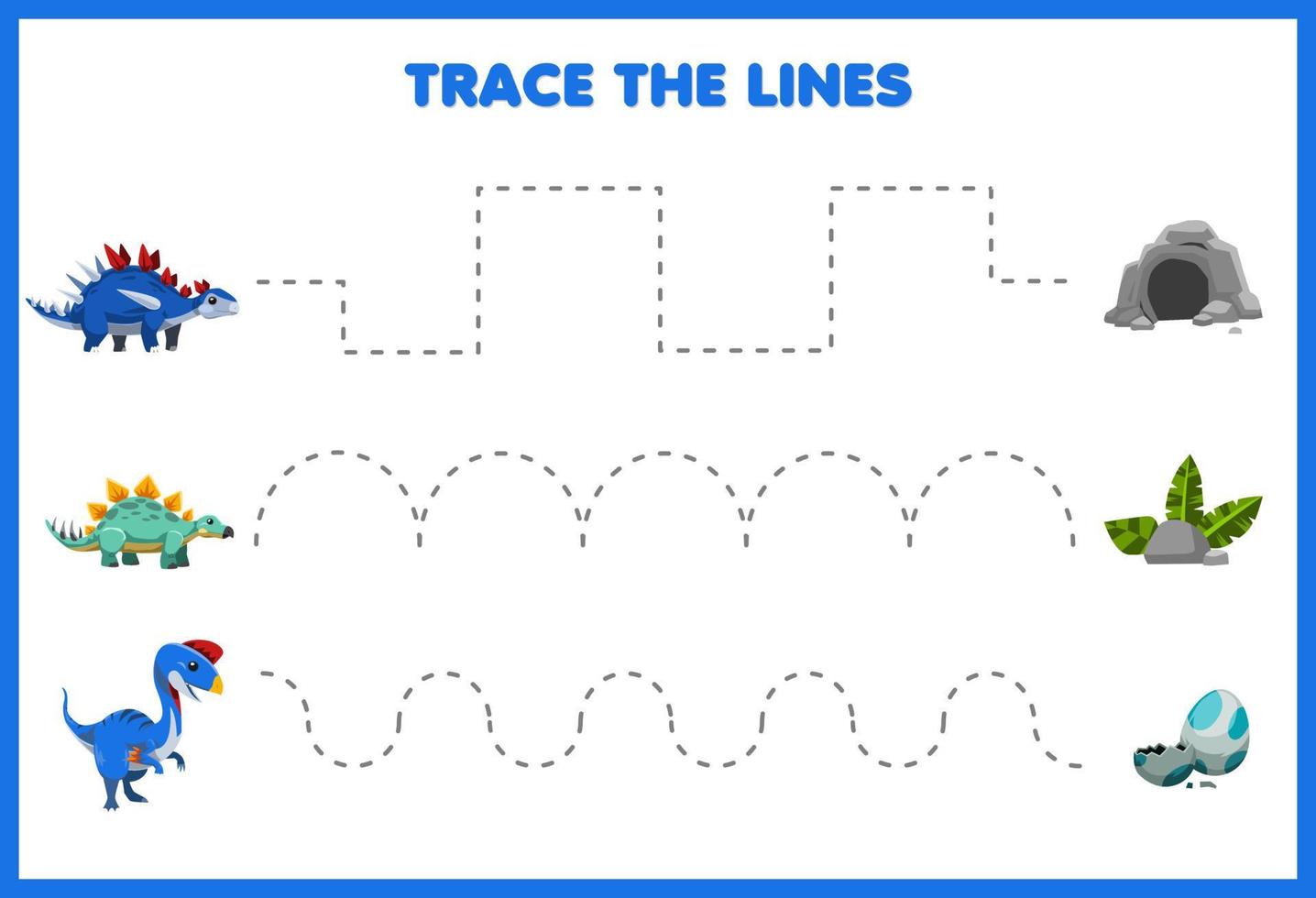 educatief spel voor kinderen handschriftoefening traceer de lijnen bewegen schattige cartoon prehistorische blauwe dinosaurus vector