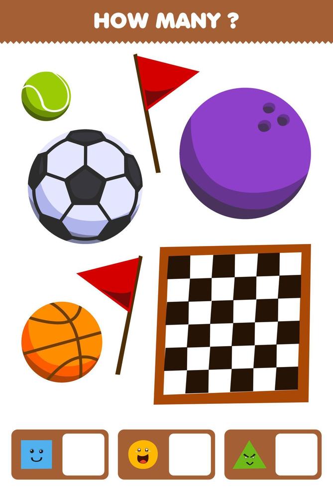 onderwijs spel voor kinderen zoeken en tellen hoeveel objecten zoals geometrische vorm vierkant cirkel driehoek cartoon mand bowling tennis voetbal schaakbord vlag vector