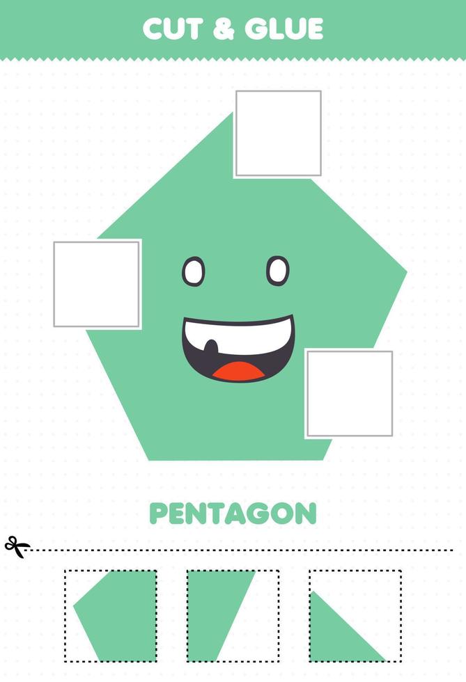 educatief spel voor kinderen knip en plak delen van schattige cartoon geometrische vorm vijfhoek en plak ze afdrukbaar werkblad vector