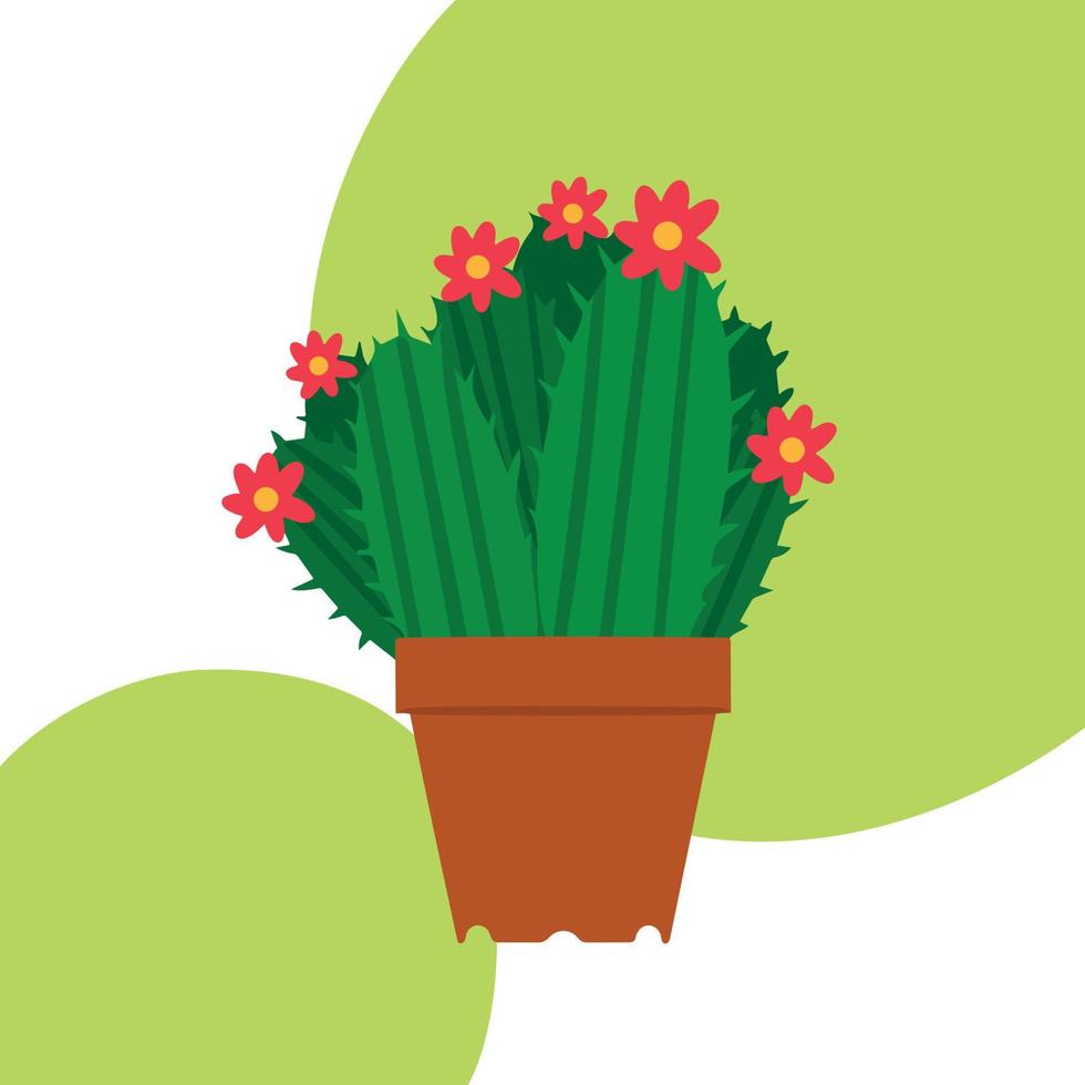 vectorillustratie van cactus. bloeiende cactusstruik in bloempot. afbeelding geïsoleerd op een witte achtergrond met groene cirkels. ontwerpelement voor brochureposterwebsites vector