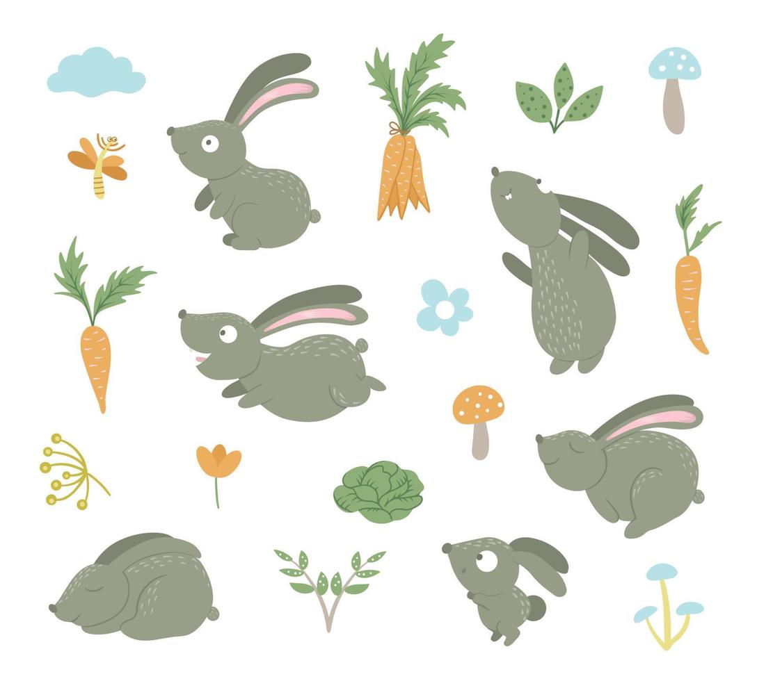 vector set cartoon stijl platte grappige konijnen in verschillende poses met wortel, kool, bloemen, wolk, illustraties. leuke illustratie van bosdieren. collectie hazen voor kinderontwerp