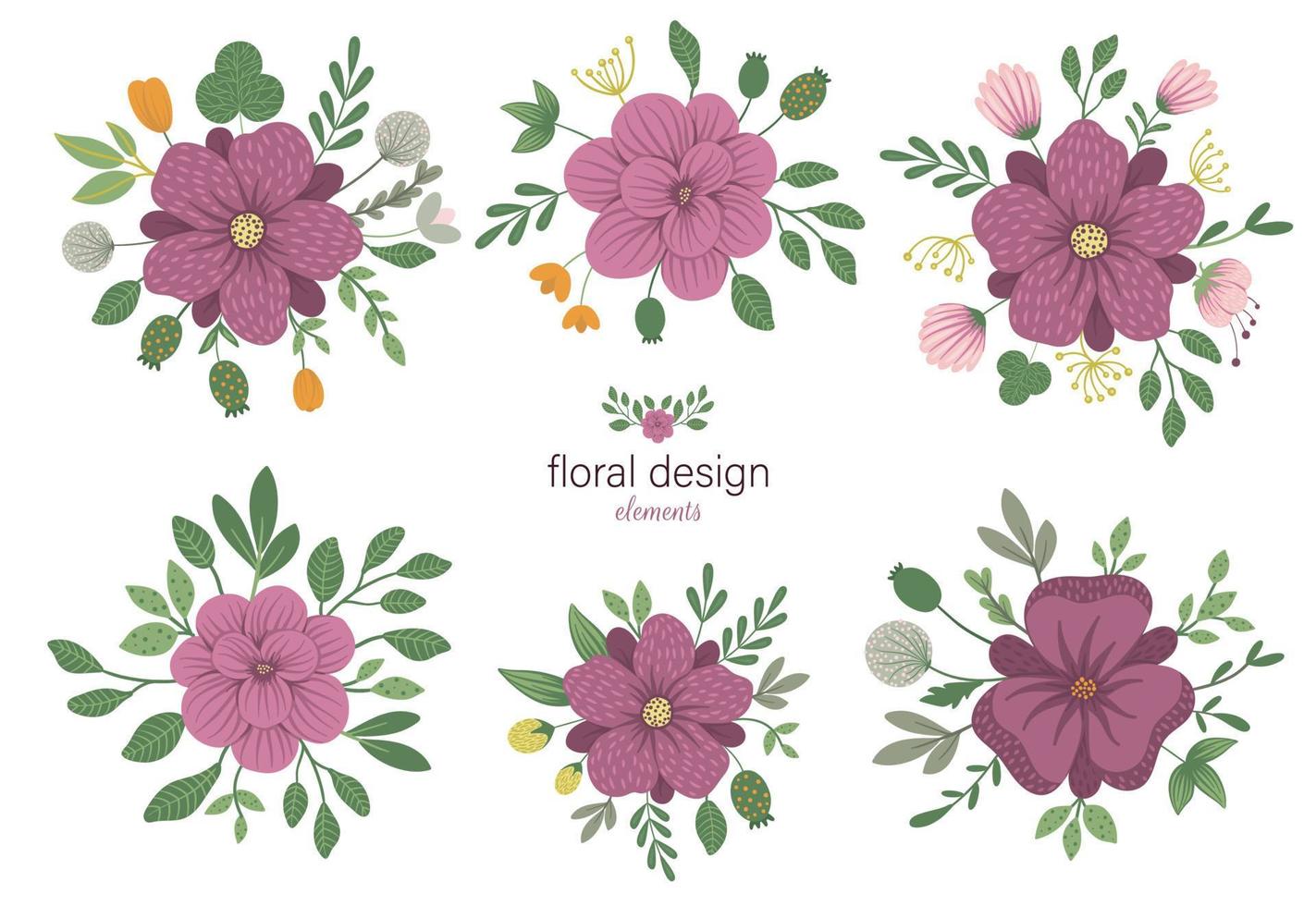 set van vector bloemen ronde decoratieve elementen. platte trendy illustratie met bloemen, bladeren, takken. weide, bos, bos illustraties collectie. mooi lente- of zomerboeket