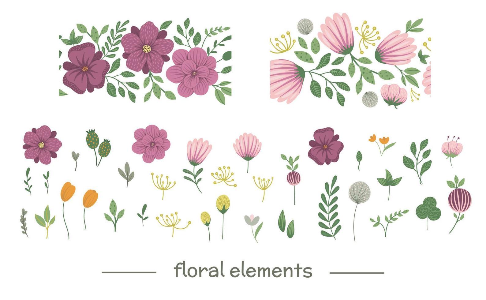 vector bloemen illustraties set met naadloze grens borstels. platte trendy illustratie met bloemen, bladeren, takken. weide, bos, bos elementen geïsoleerd op een witte achtergrond.