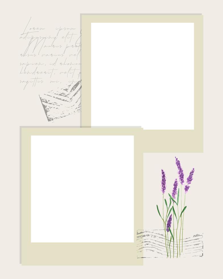 fotoboek collage frame, kant, aquarel lavendel, tekst, stempel. vector