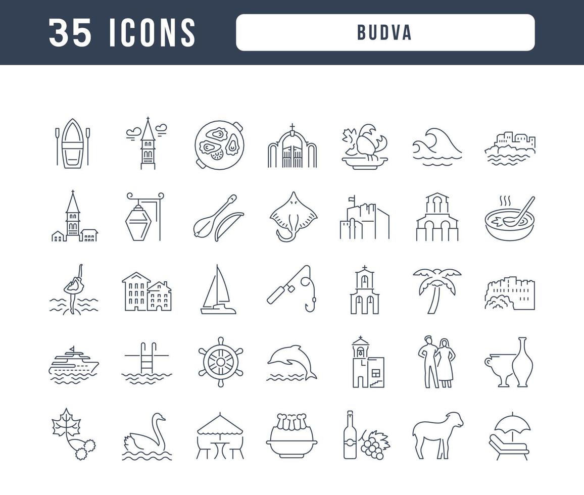 set van lineaire iconen van budva vector