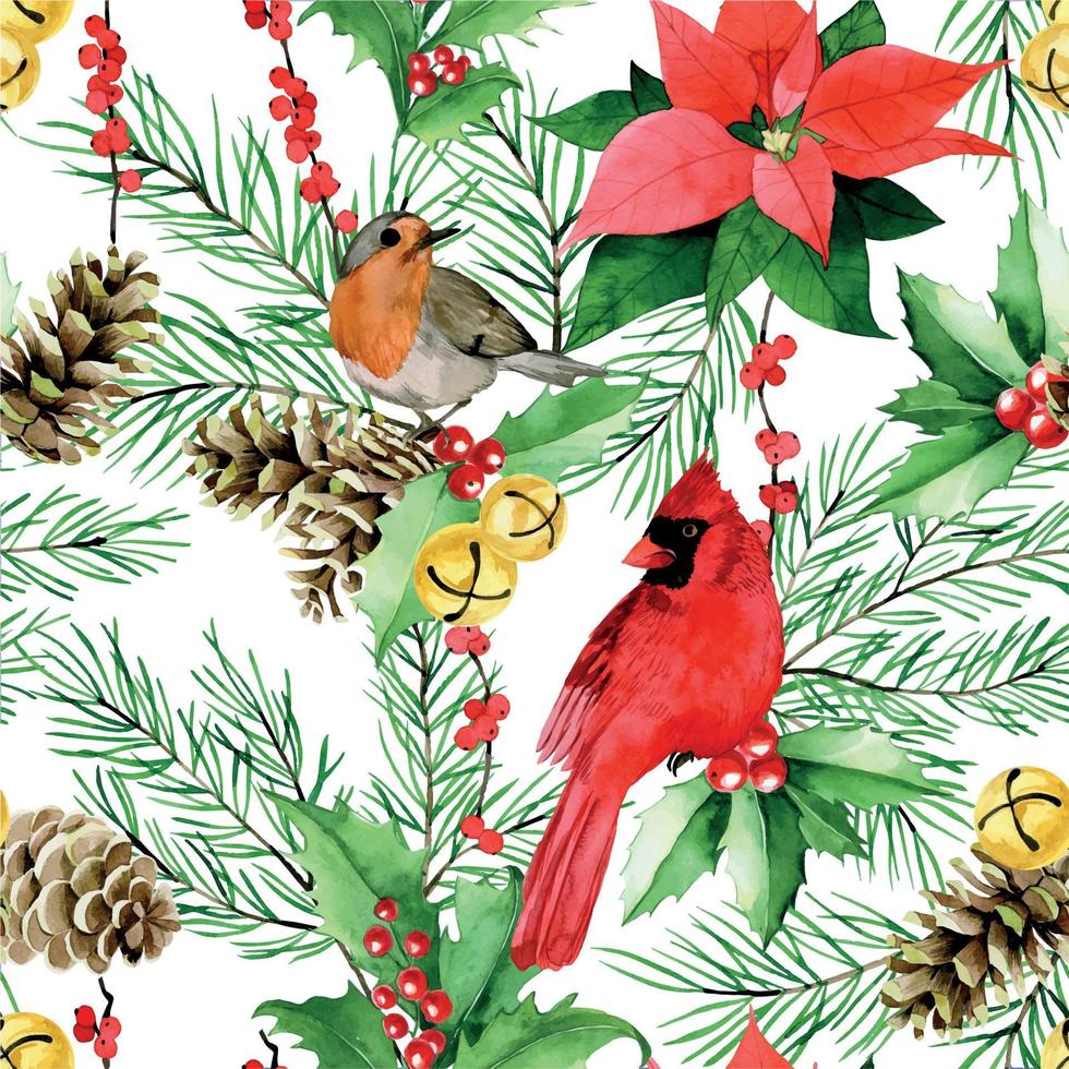 aquarel naadloos patroon voor Kerstmis, Nieuwjaar. traditionele print met wintervogels, rode bessen en groene bladeren van hulst, kerstster, sparren takken en kegels vector