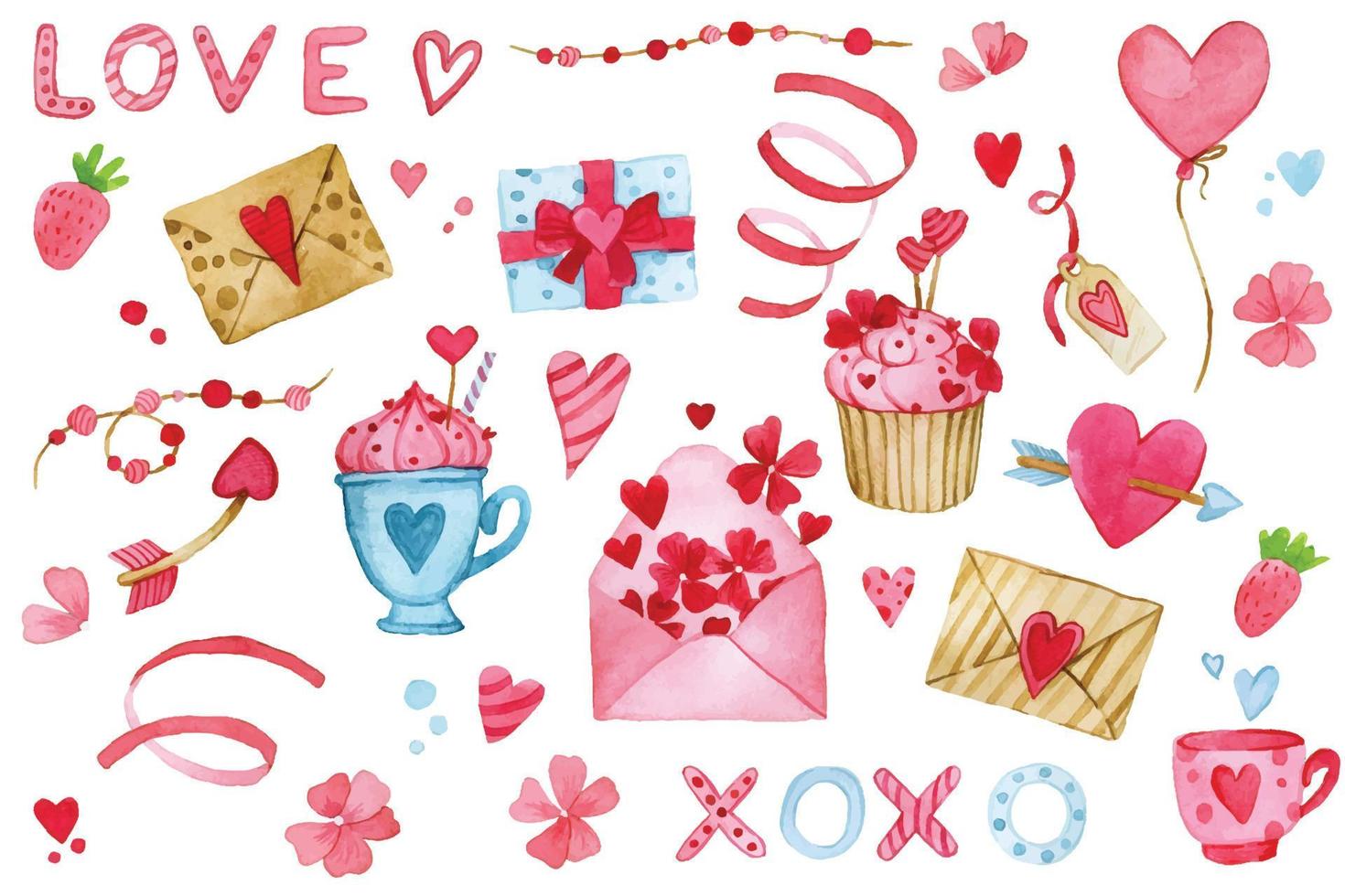 aquarel tekening. leuke set valentijnsdag elementen. roze harten, snoepjes, letters en decoraties voor Valentijnsdag. vector